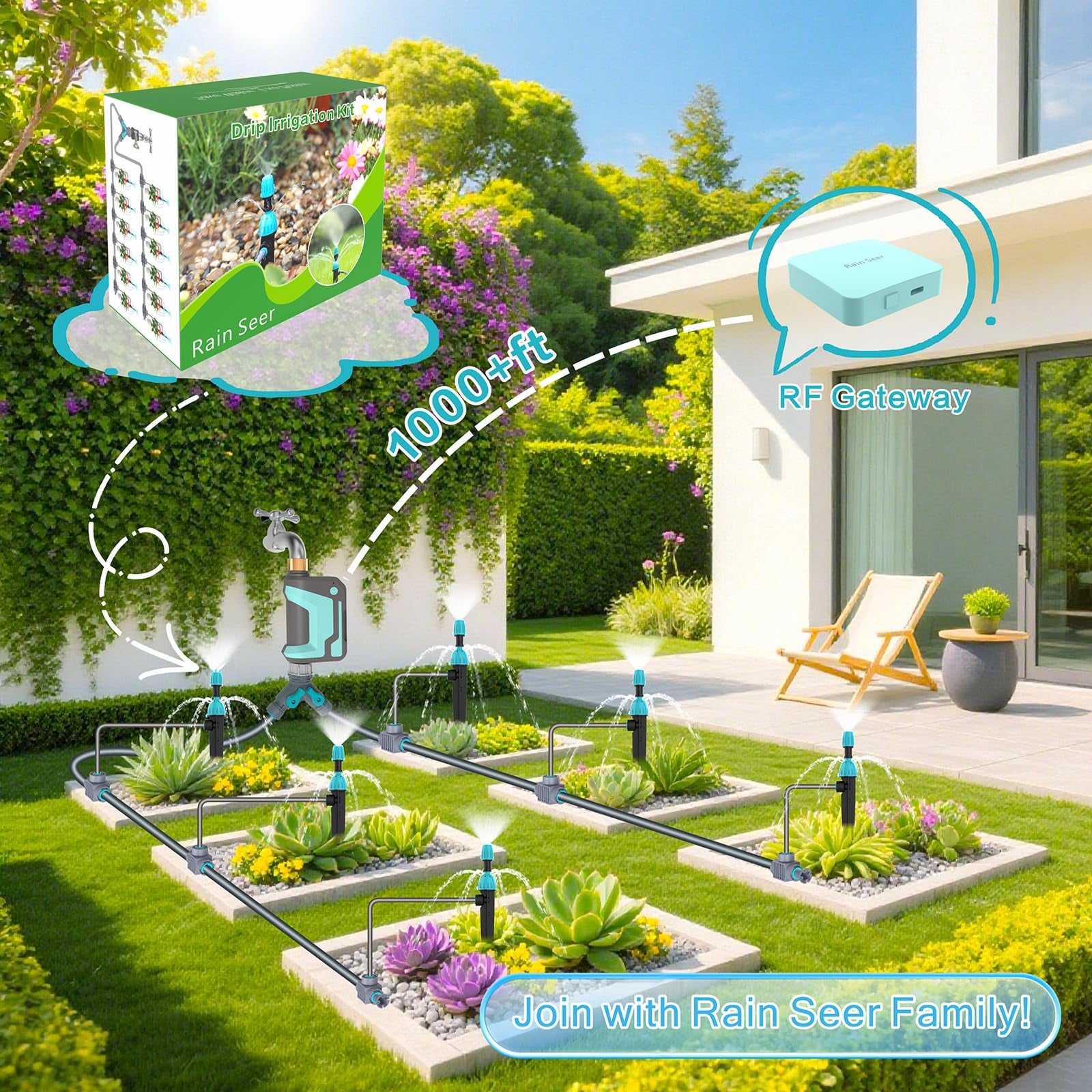 RAIN SEER timer mounted on garden hose for easy backyard installation