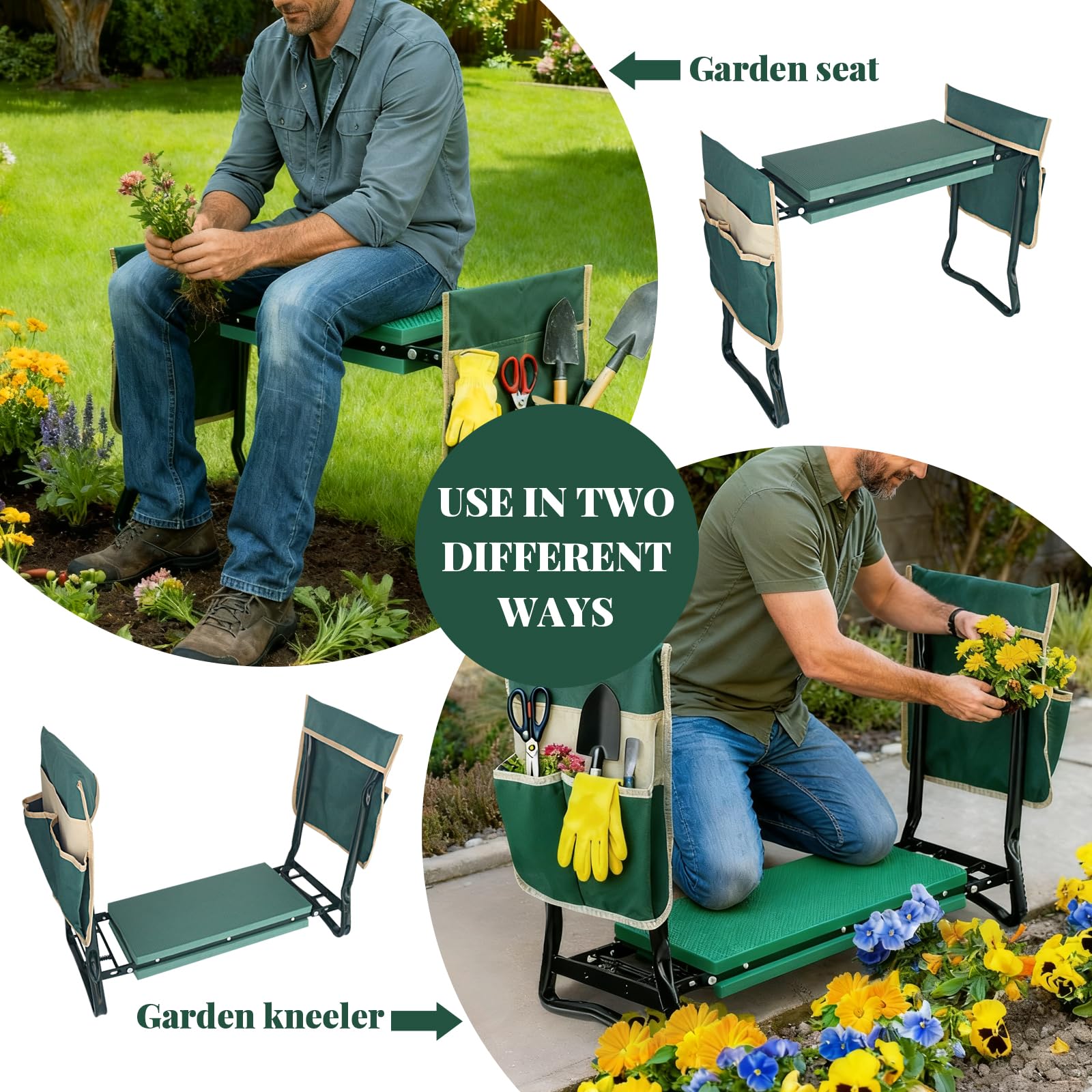 RAIN SPIRIT in kneeler mode beside flowerbed reducing knee strain