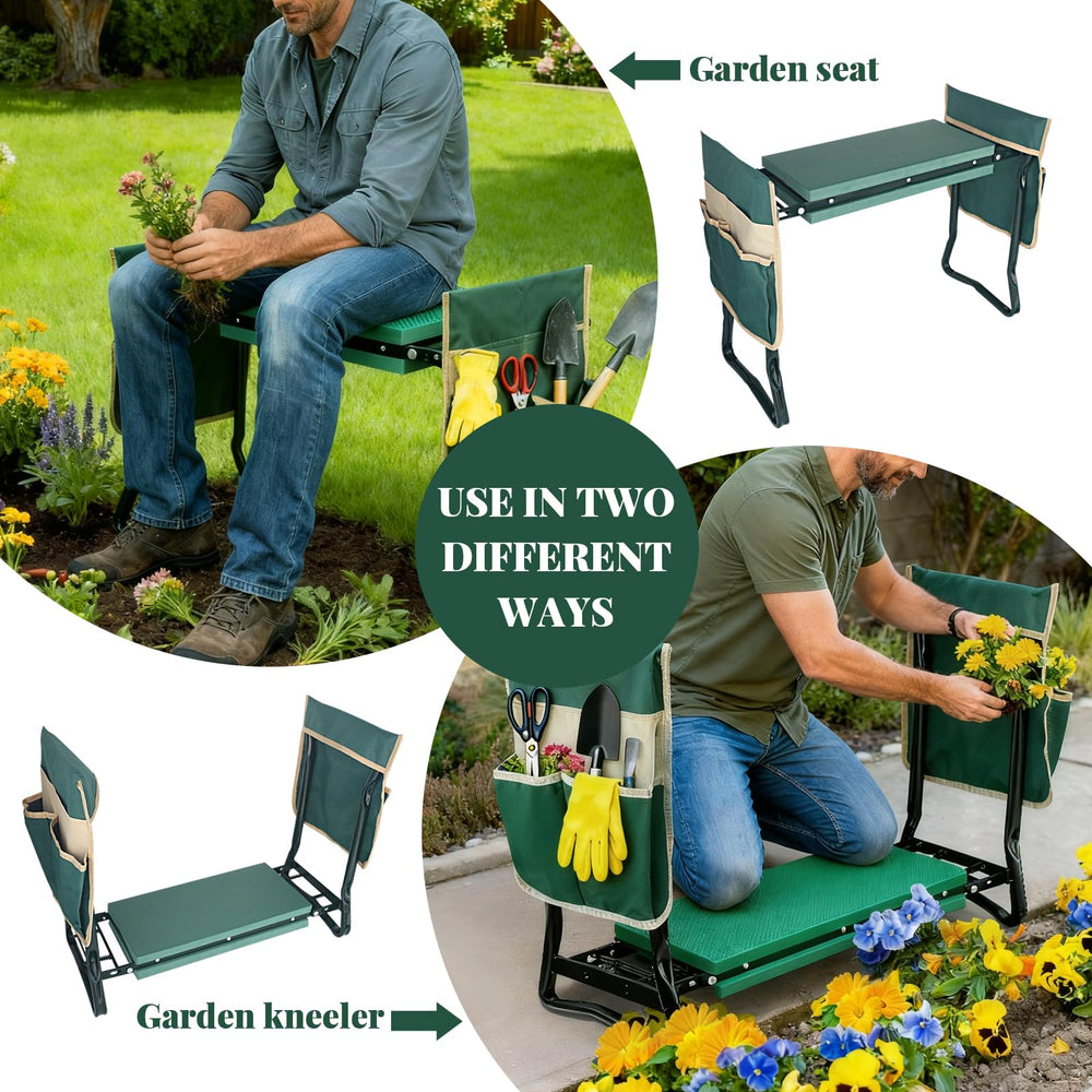 RAIN SPIRIT in kneeler mode beside flowerbed reducing knee strain