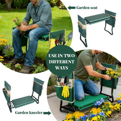 RAIN SPIRIT in kneeler mode beside flowerbed reducing knee strain