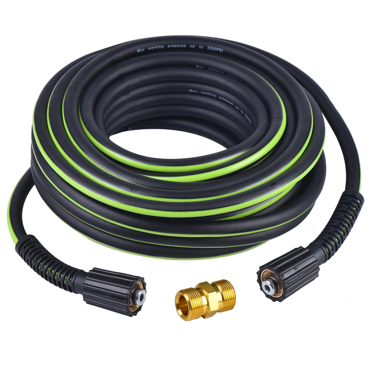 RainBello front view of coiled 50ft hose, showing length and packaging benefit