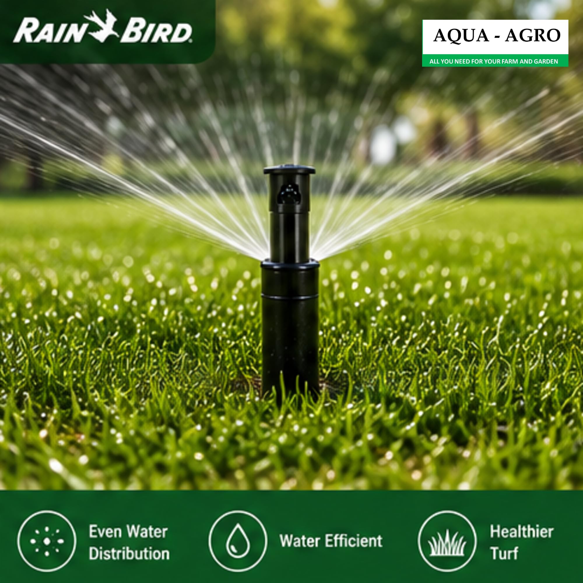 Rain Bird rotor beside ruler for scale showing correct installation sizing benefit