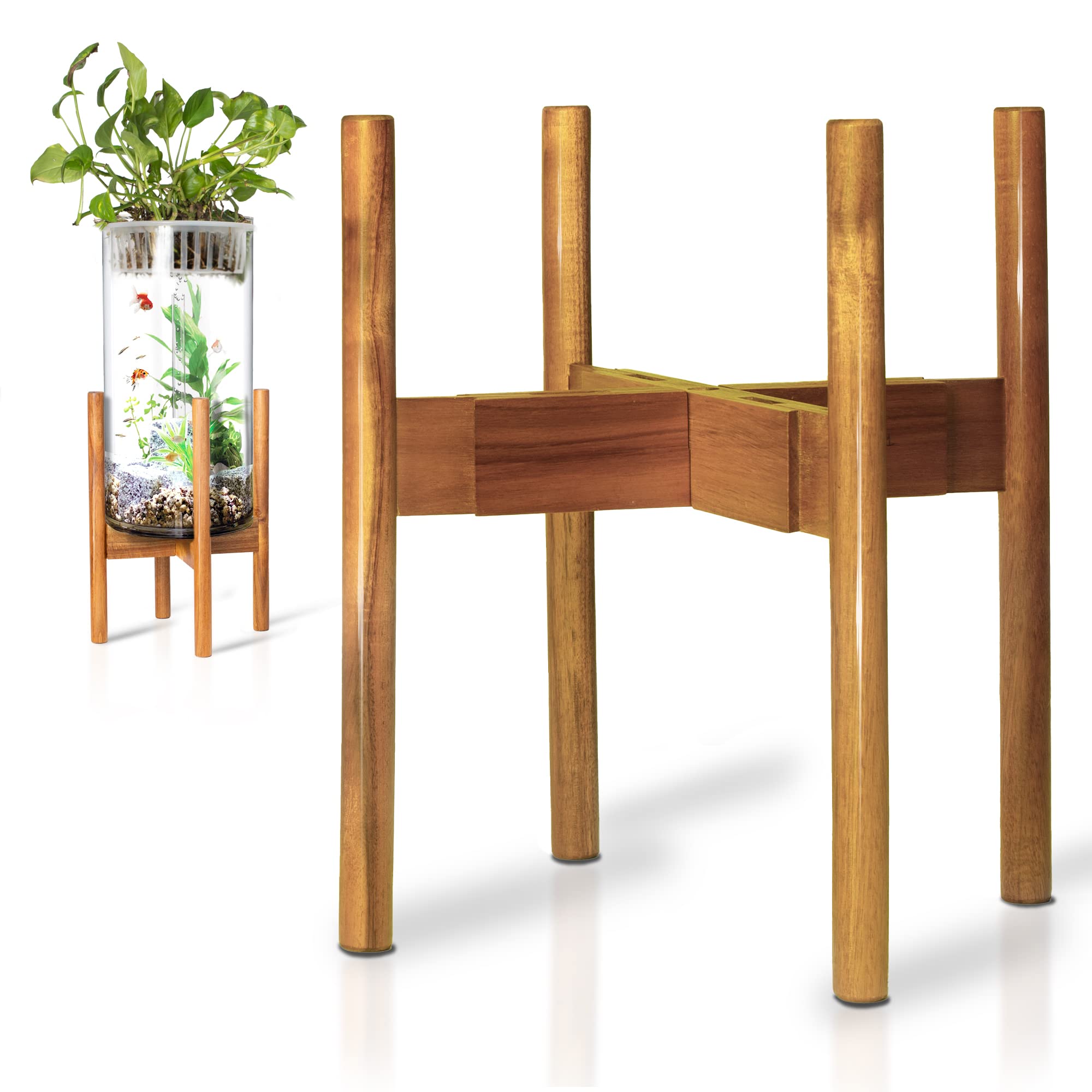 RAINBLELAND front view of acacia plant stand showing stable mid-century style and strength