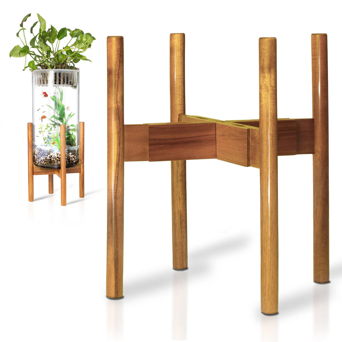 RAINBLELAND front view of acacia plant stand showing stable mid-century style and strength