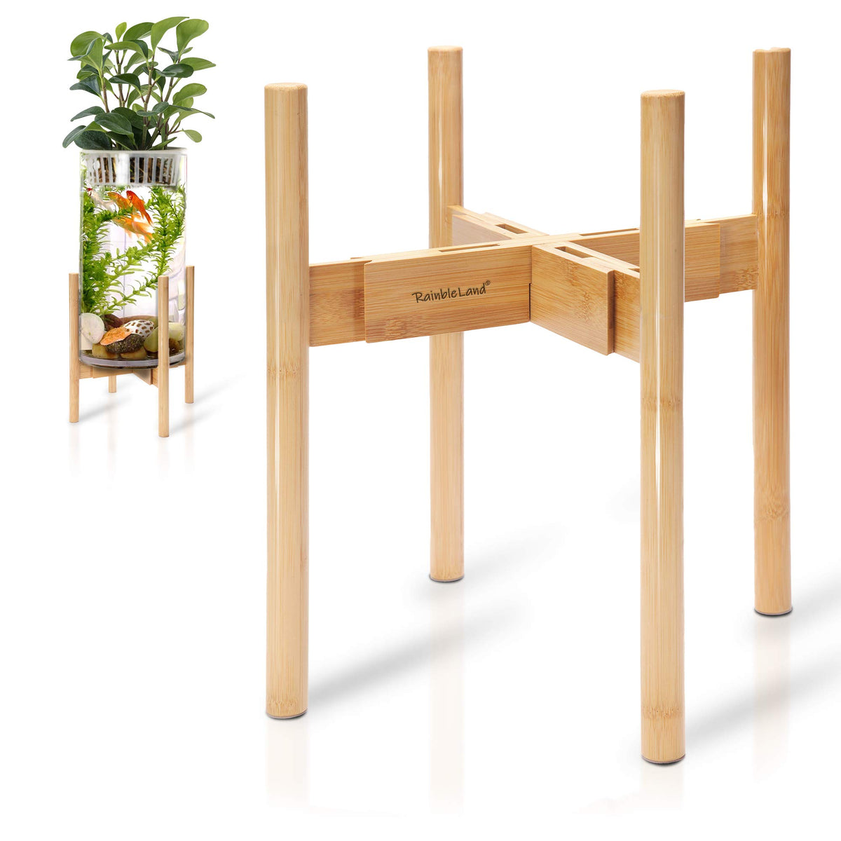RAINBLELAND front view of adjustable bamboo stand shows stable display