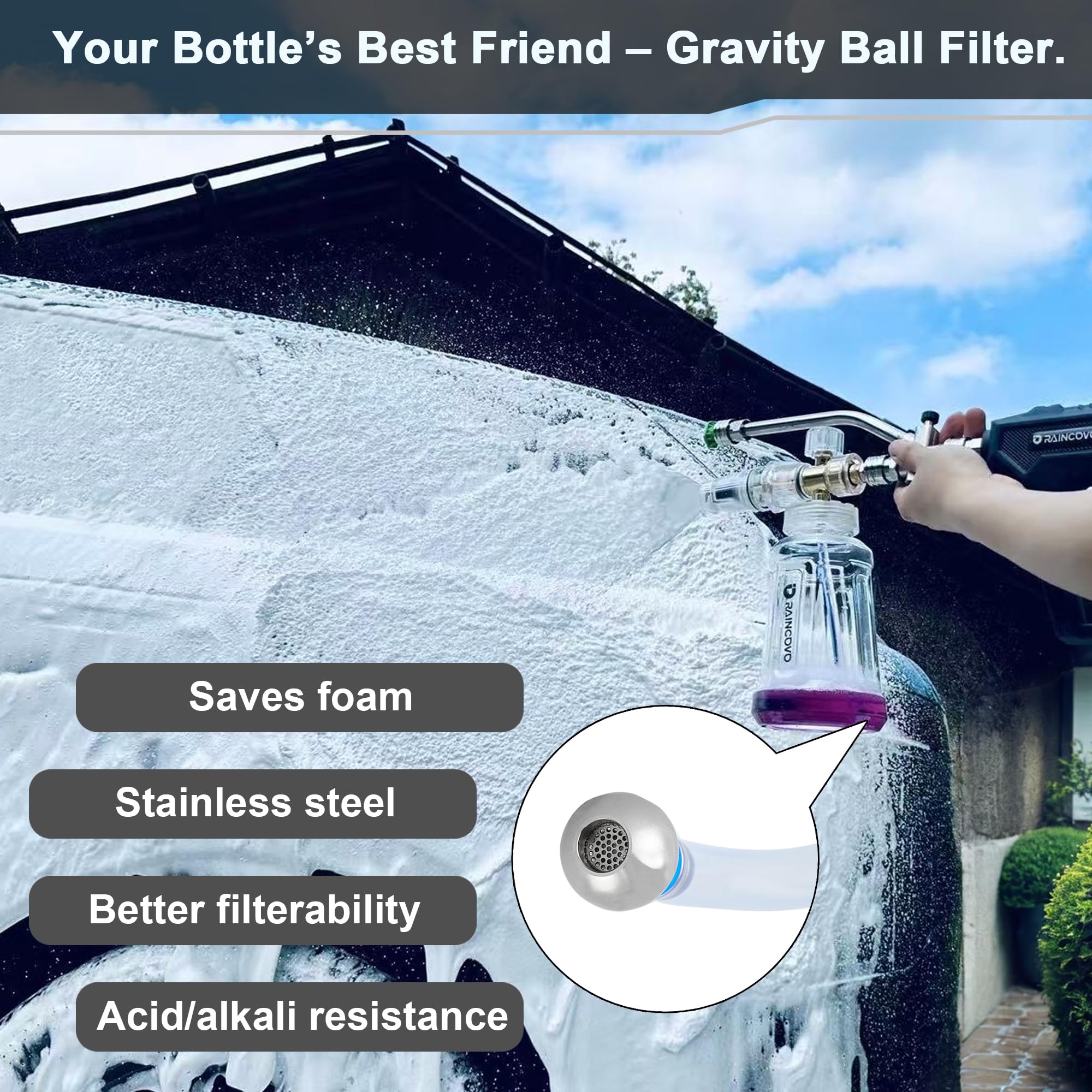 Raincovo dual-connector shuttle valve detail enabling instant foam-to-rinse switching