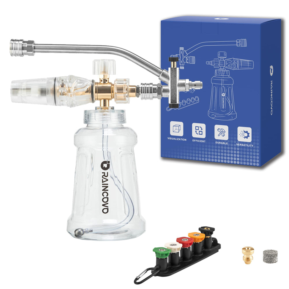Raincovo front view of foam cannon showing controls and bottle, improving wash speed