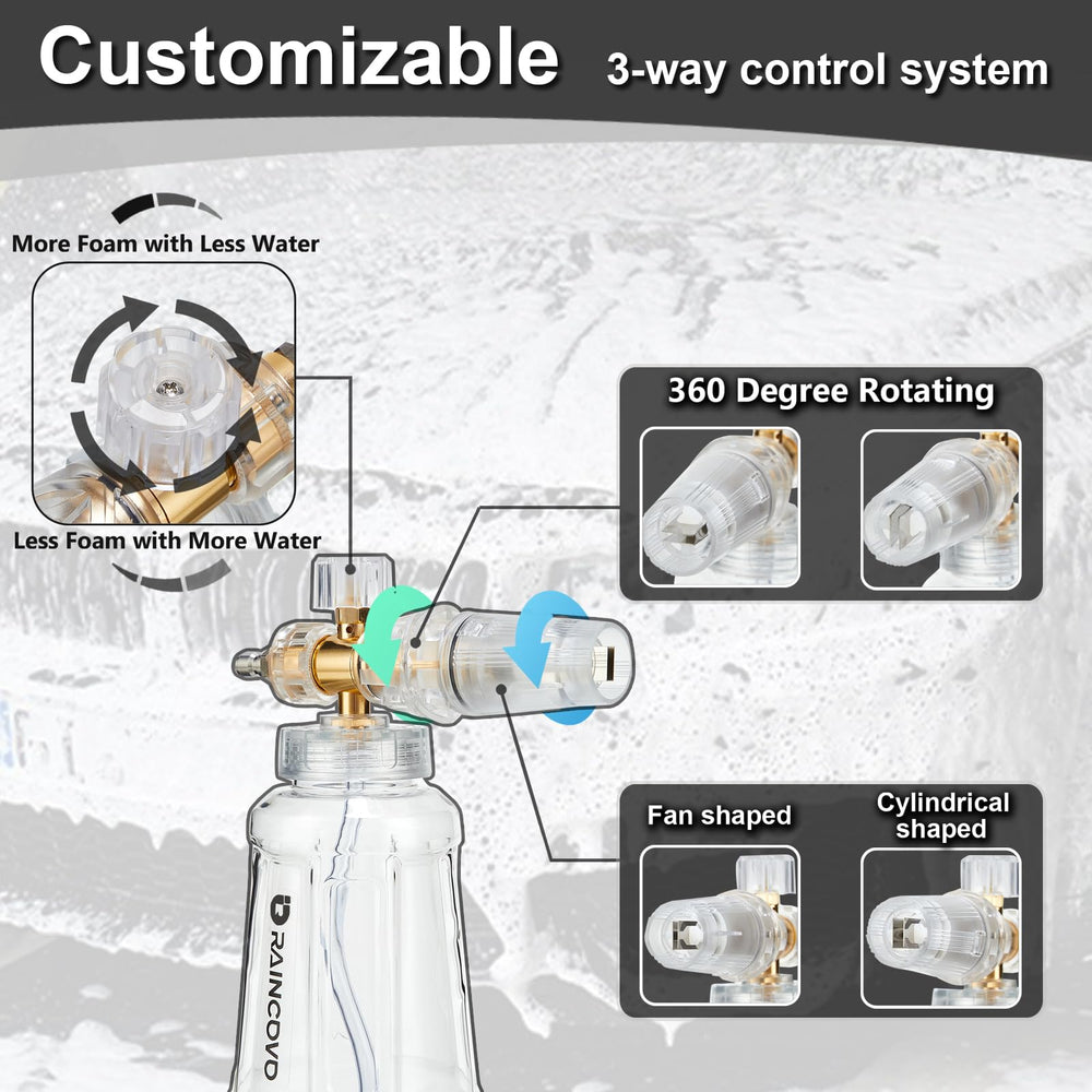 Raincovo foam cannon spraying thick snow foam on car for gentle dirt lifting