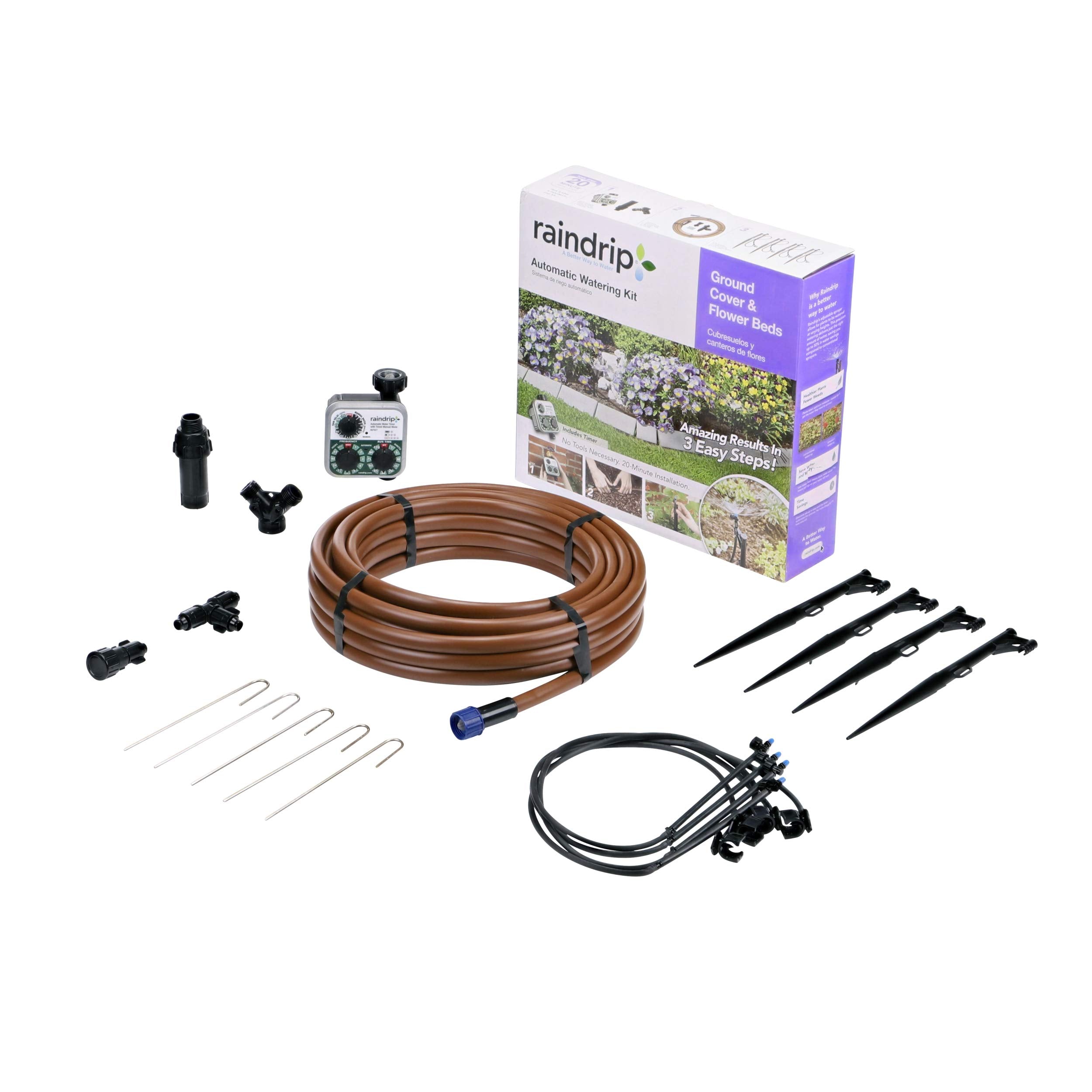 Raindrip kit front packaging showing all included components and easy setup benefits
