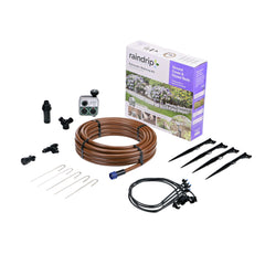 Raindrip kit front packaging showing all included components and easy setup benefits