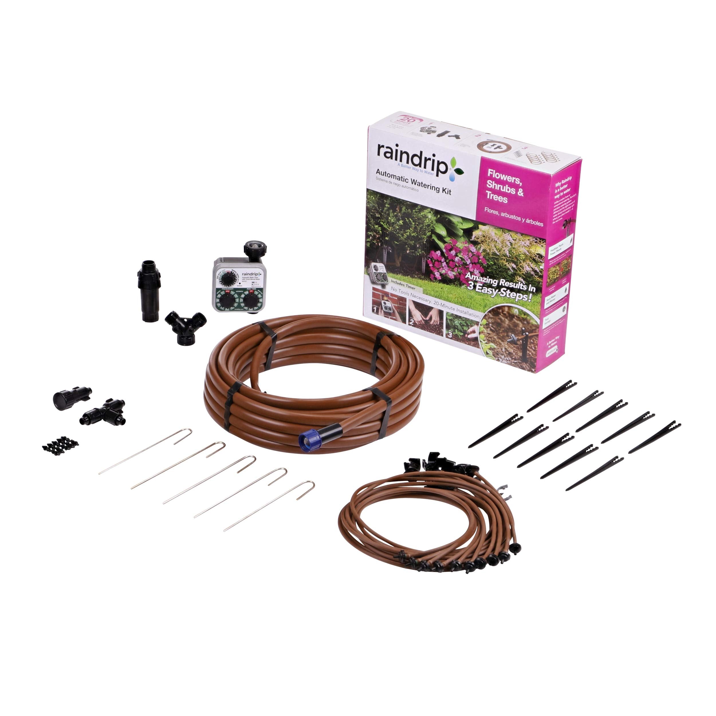 Raindrip front packaging showing timer and complete kit for quick setup