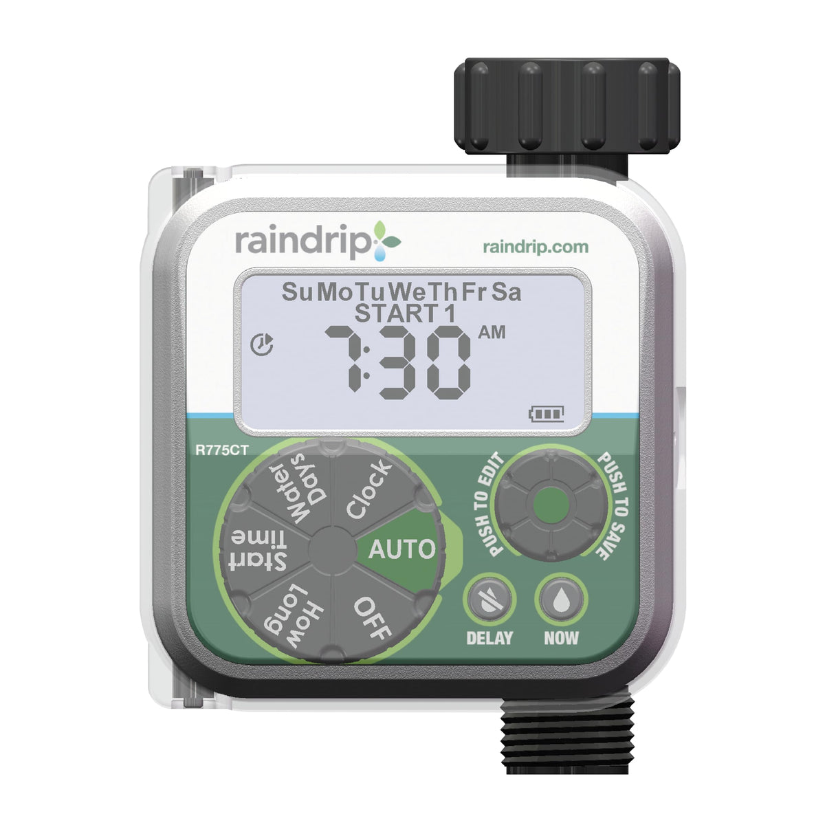 Raindrip front view with back-lit LCD showing easy programming benefit