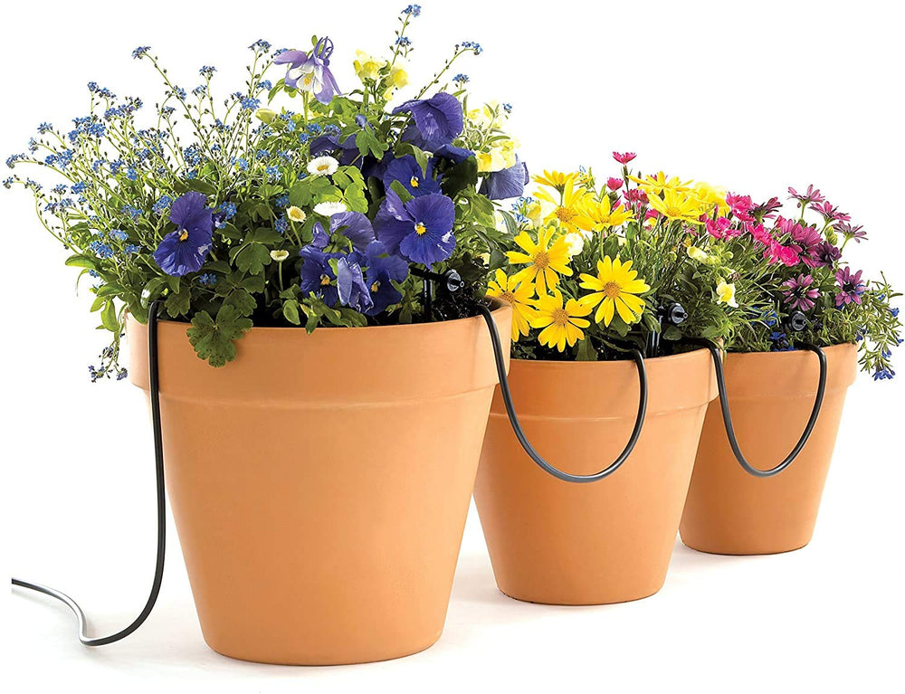 Raindrip supplying hanging baskets highlighting targeted root-zone moisture and water savings