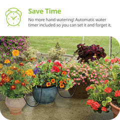 Raindrip installed in container garden demonstrating tidy tubing and reduced watering time