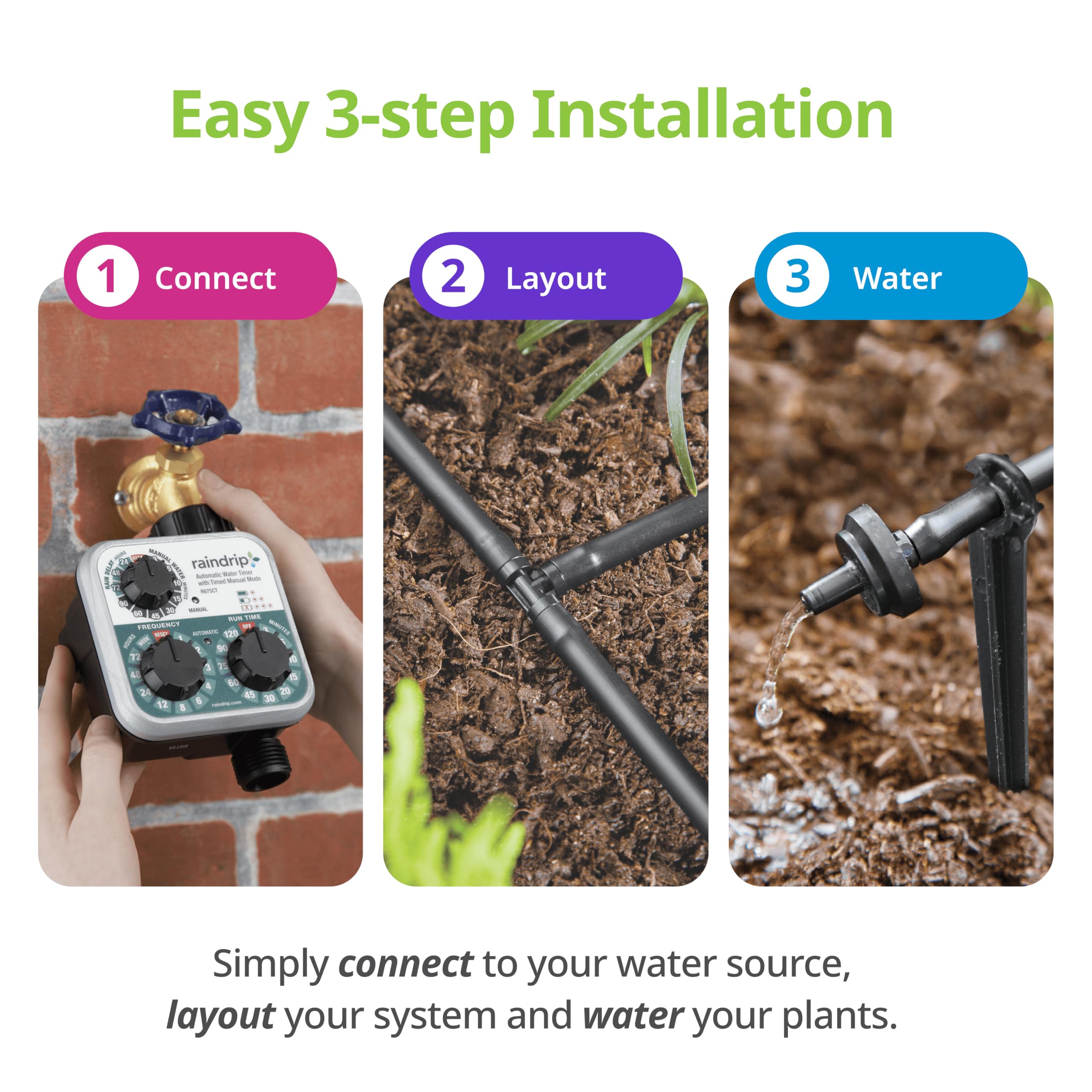 Raindrip timer closeup on faucet with clear controls for scheduled watering convenience