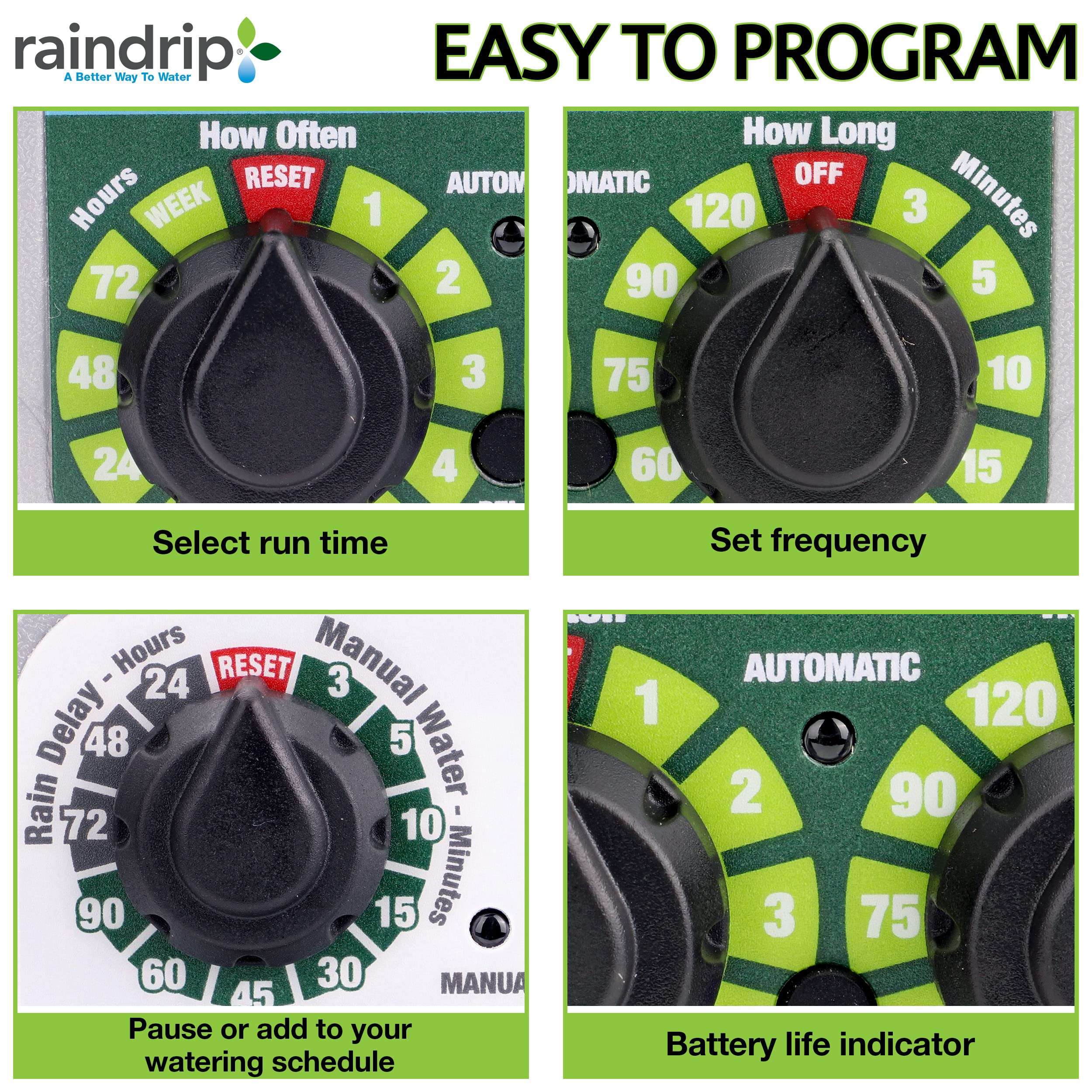 Raindrip battery compartment open showing battery slot and low-battery safety