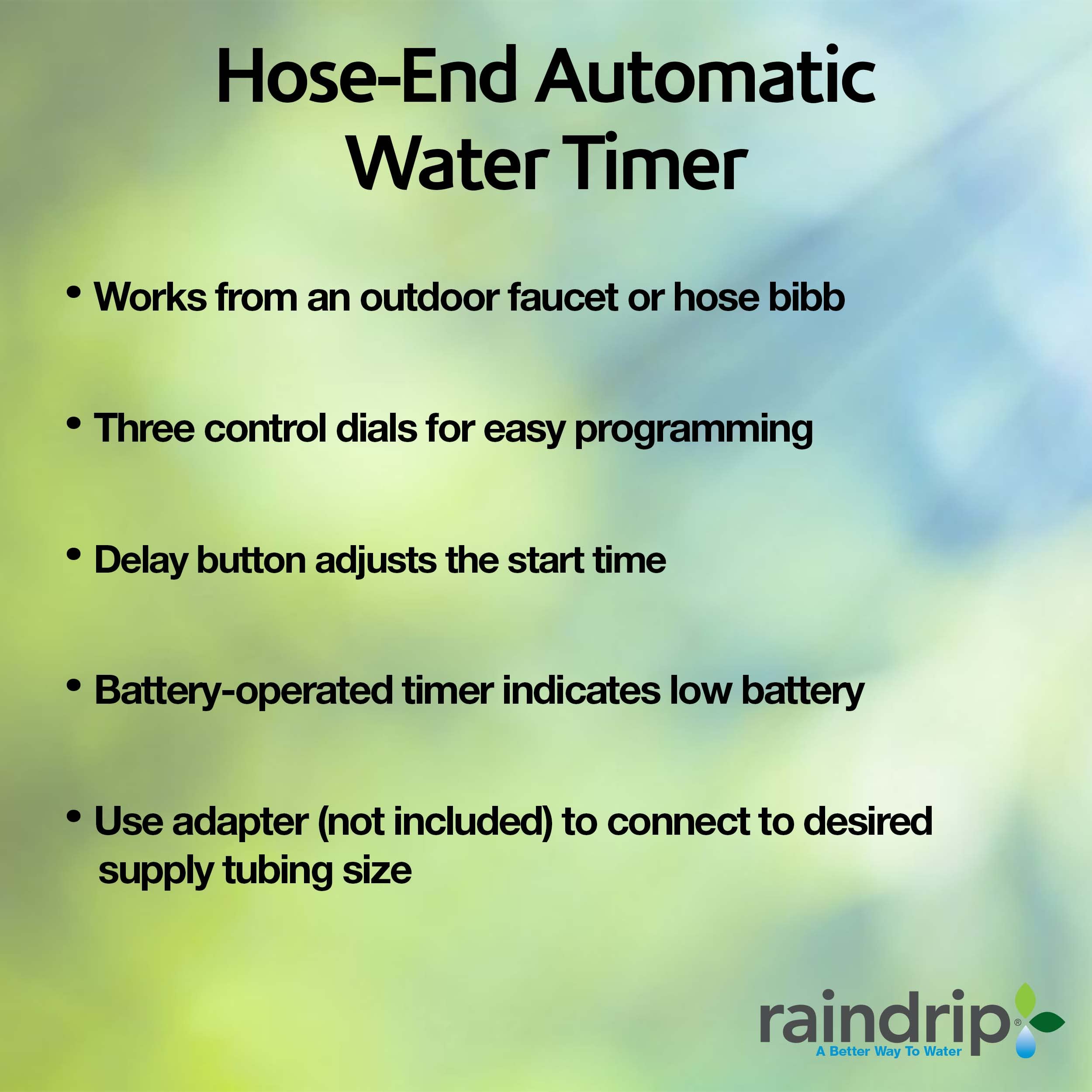 Raindrip timer attached to faucet demonstrating easy hose-end connection