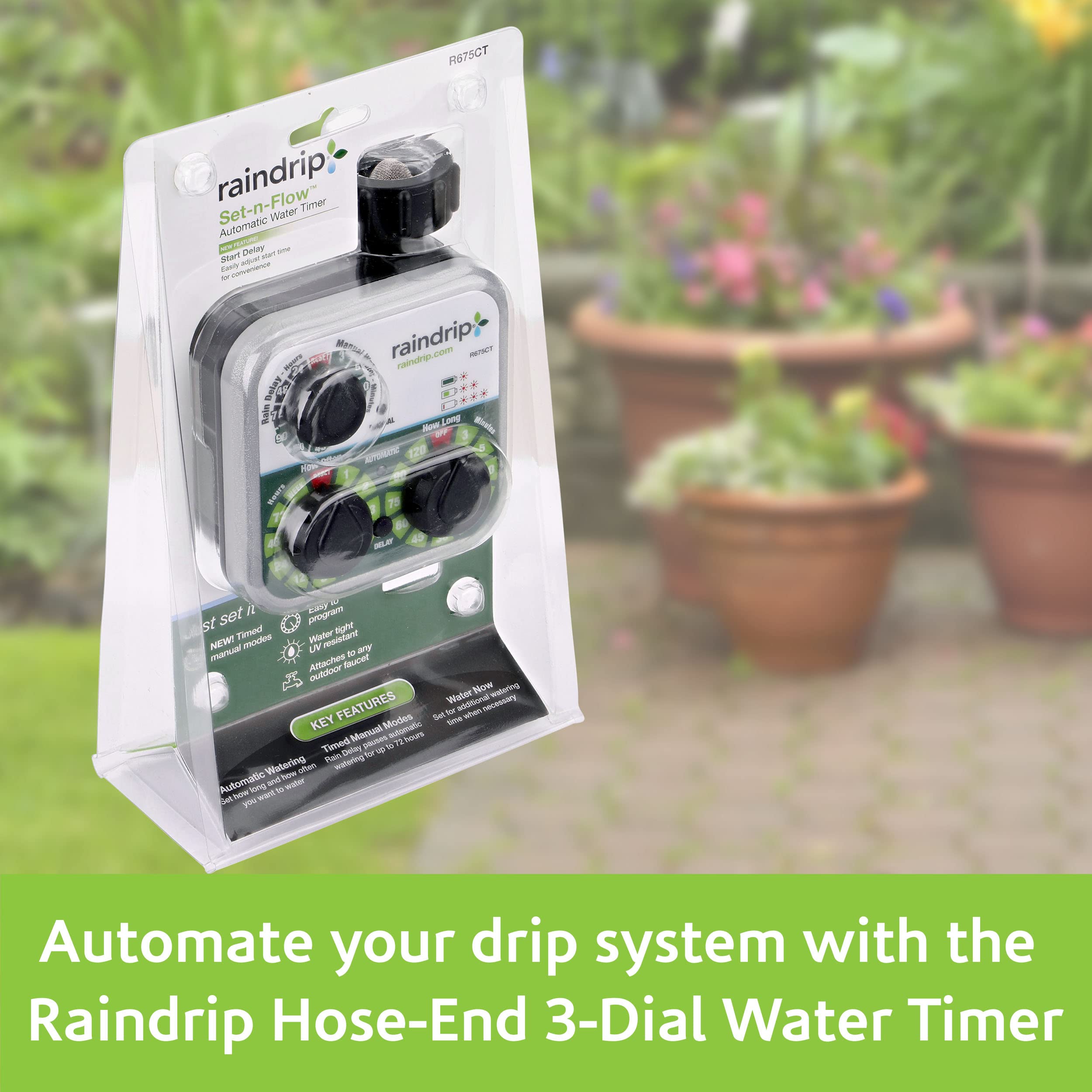 Raindrip close-up of three dials for quick scheduling and manual rain delay