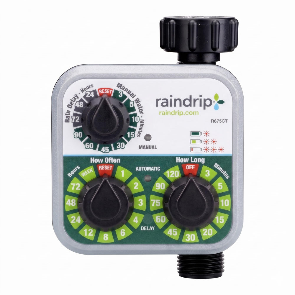 Raindrip R675CT front view showing controls and weatherproof casing for easy use