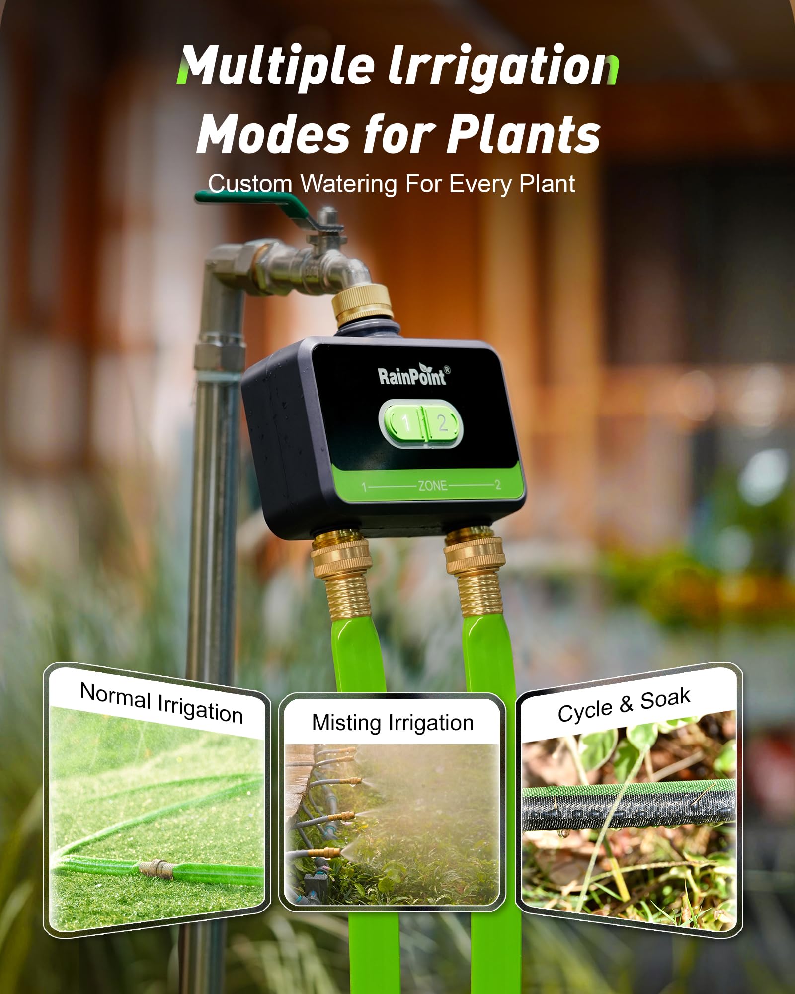 RainPoint smartphone app screen controlling schedules, quick remote adjustments for watering