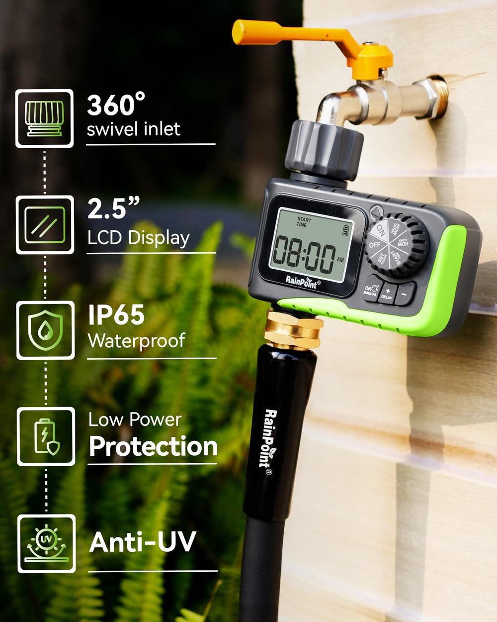 RAINPOINT attached to garden hose showing quick installation benefit