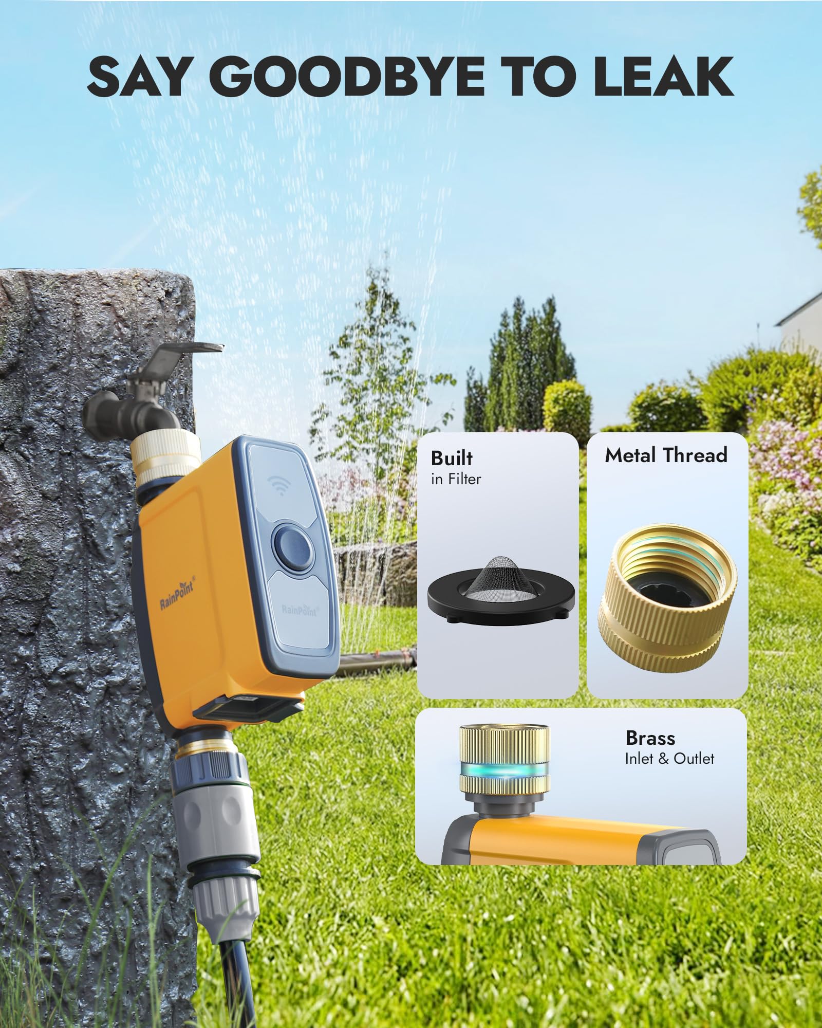 RAINPOINT brass inlet and outlet close-up, durable leak-resistant fittings benefit