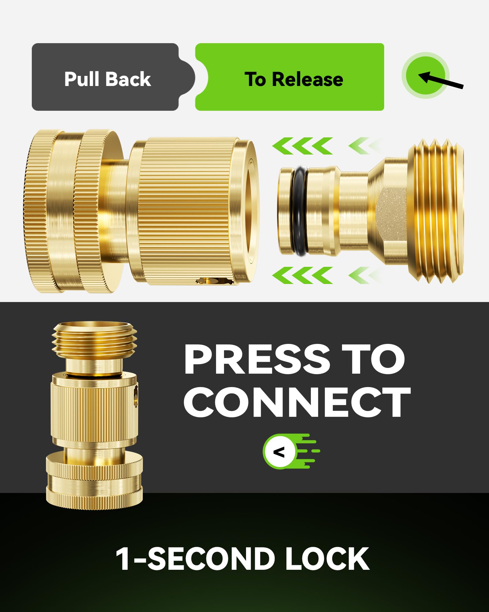 RAINPOINT connector attached to garden hose demonstrating quick one-hand connection benefit