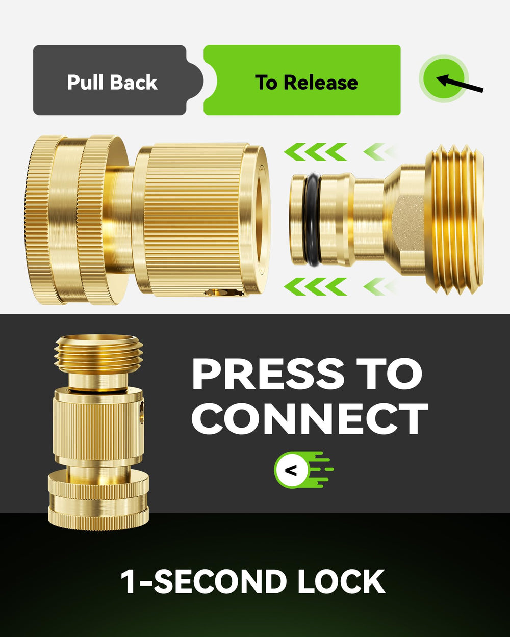 RAINPOINT connector attached to garden hose demonstrating quick one-hand connection benefit