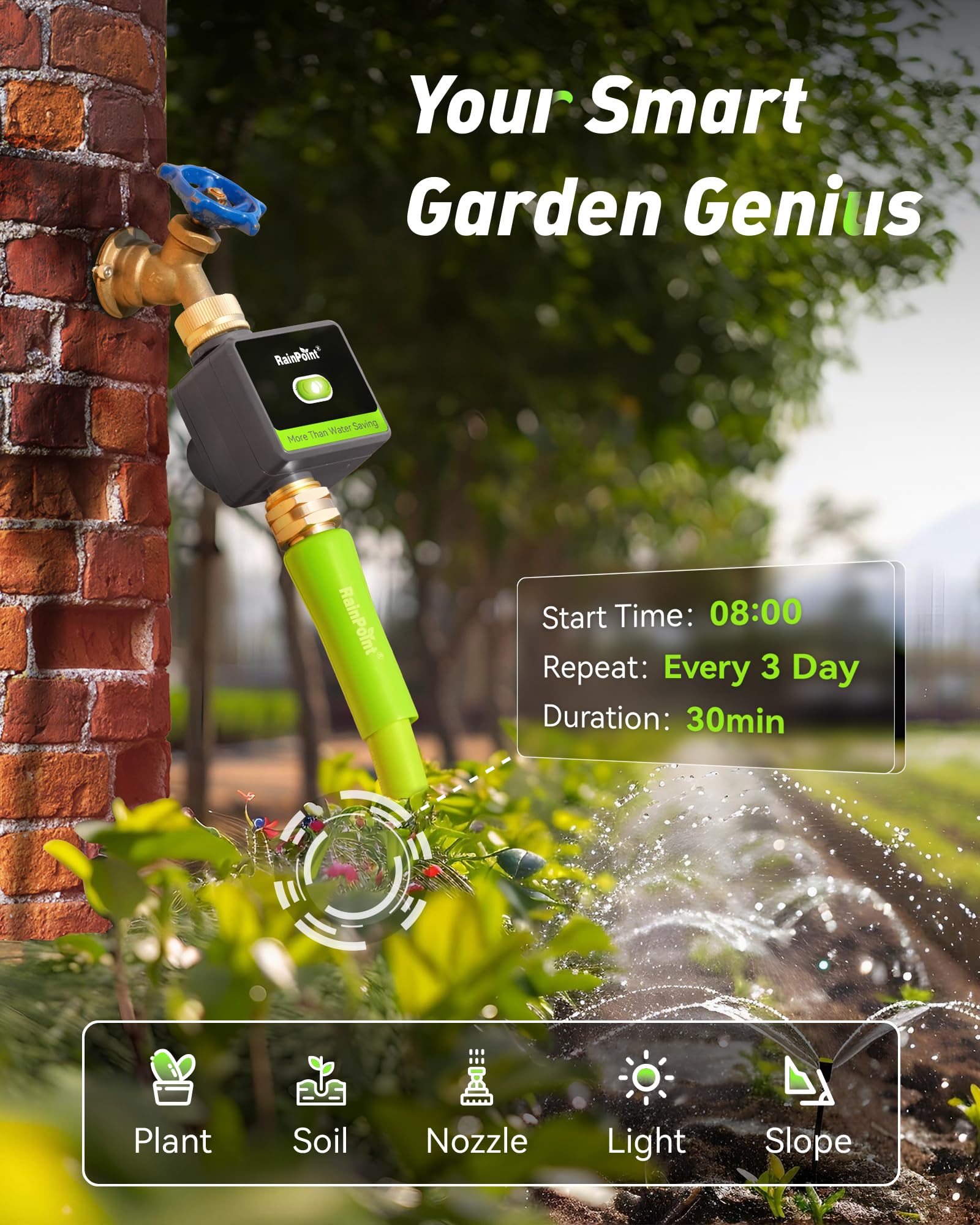 RAINPOINT diagram of misting and cycle & soak modes for plant-friendly irrigation