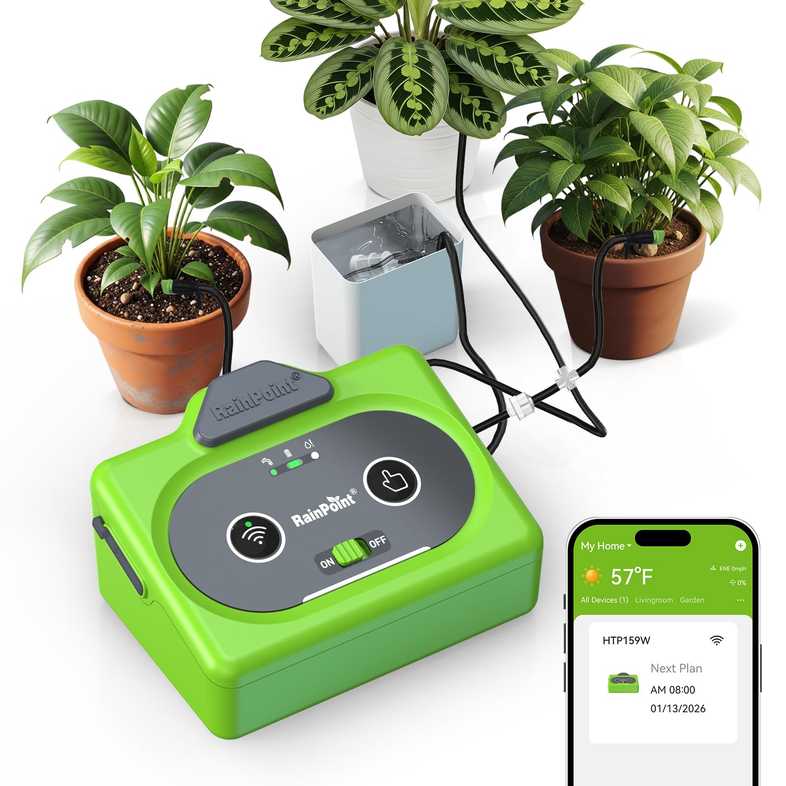 RAINPOINT controller and pump front view showing compact design and reliable watering