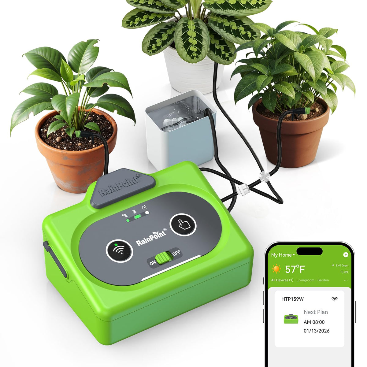 RAINPOINT controller and pump front view showing compact design and reliable watering