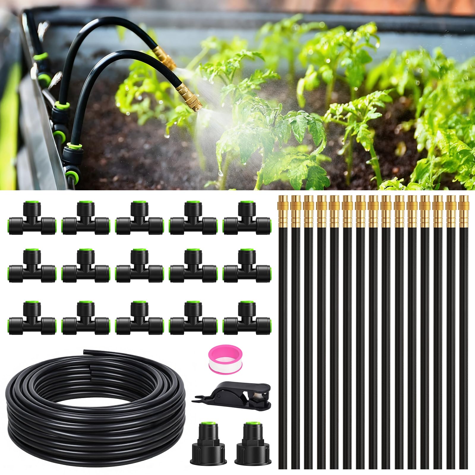 RAINPOINT front packaging showing complete 50ft drip irrigation kit and contents benefit quick setup
