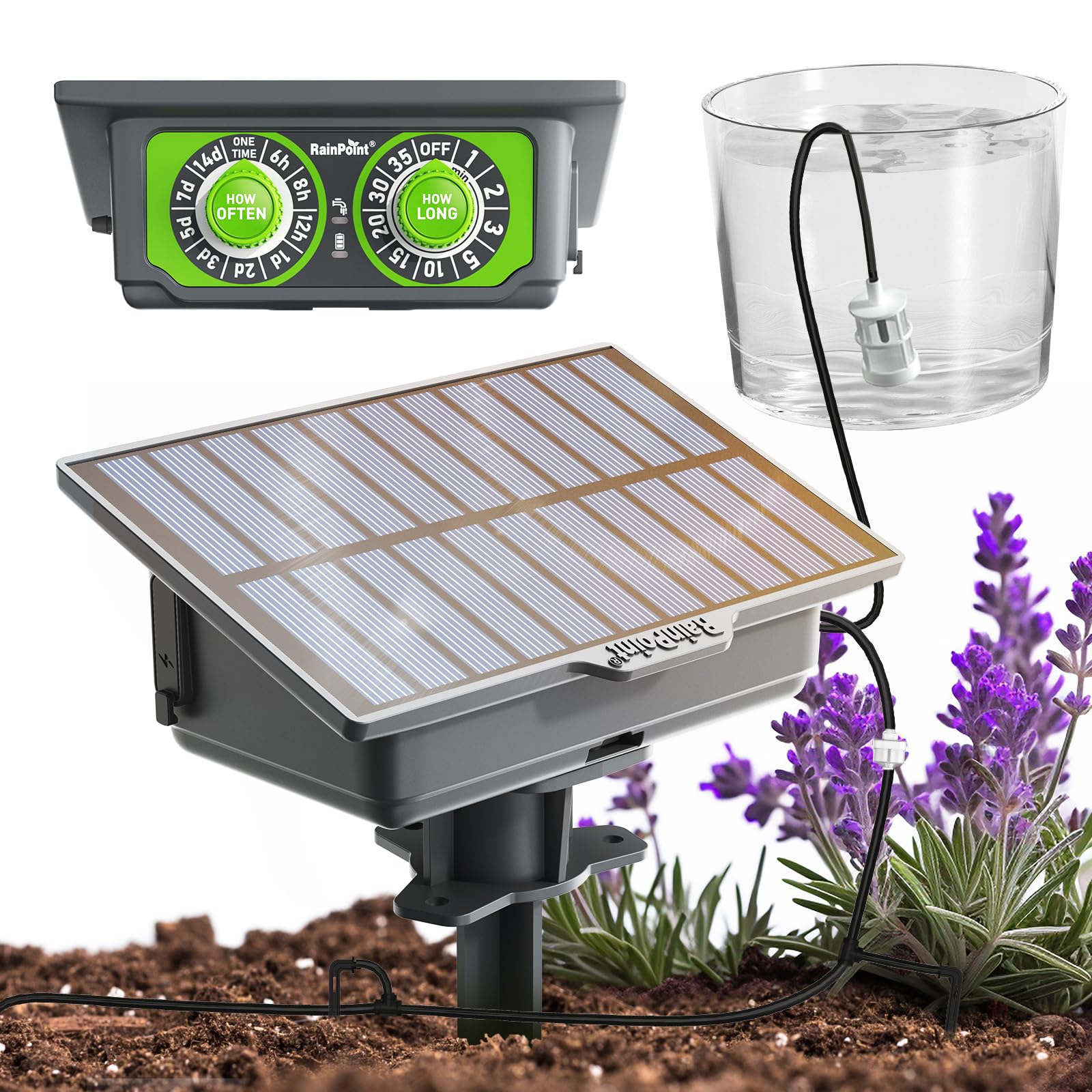 RAINPOINT front unit with solar panel showing compact power setup and easy placement