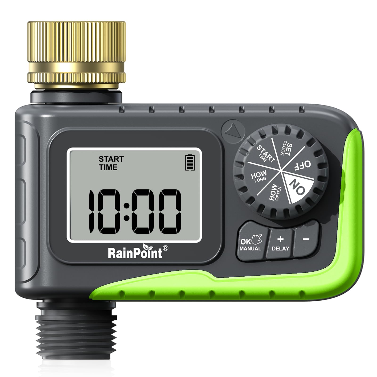 RAINPOINT front view showing brass inlet and controller, durable outdoor benefit