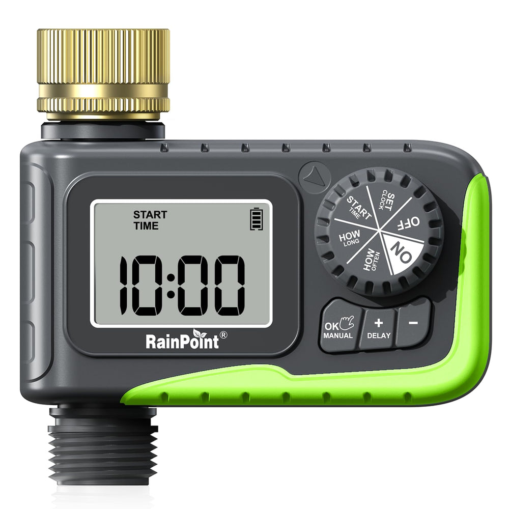 RAINPOINT front view showing brass inlet and controller, durable outdoor benefit
