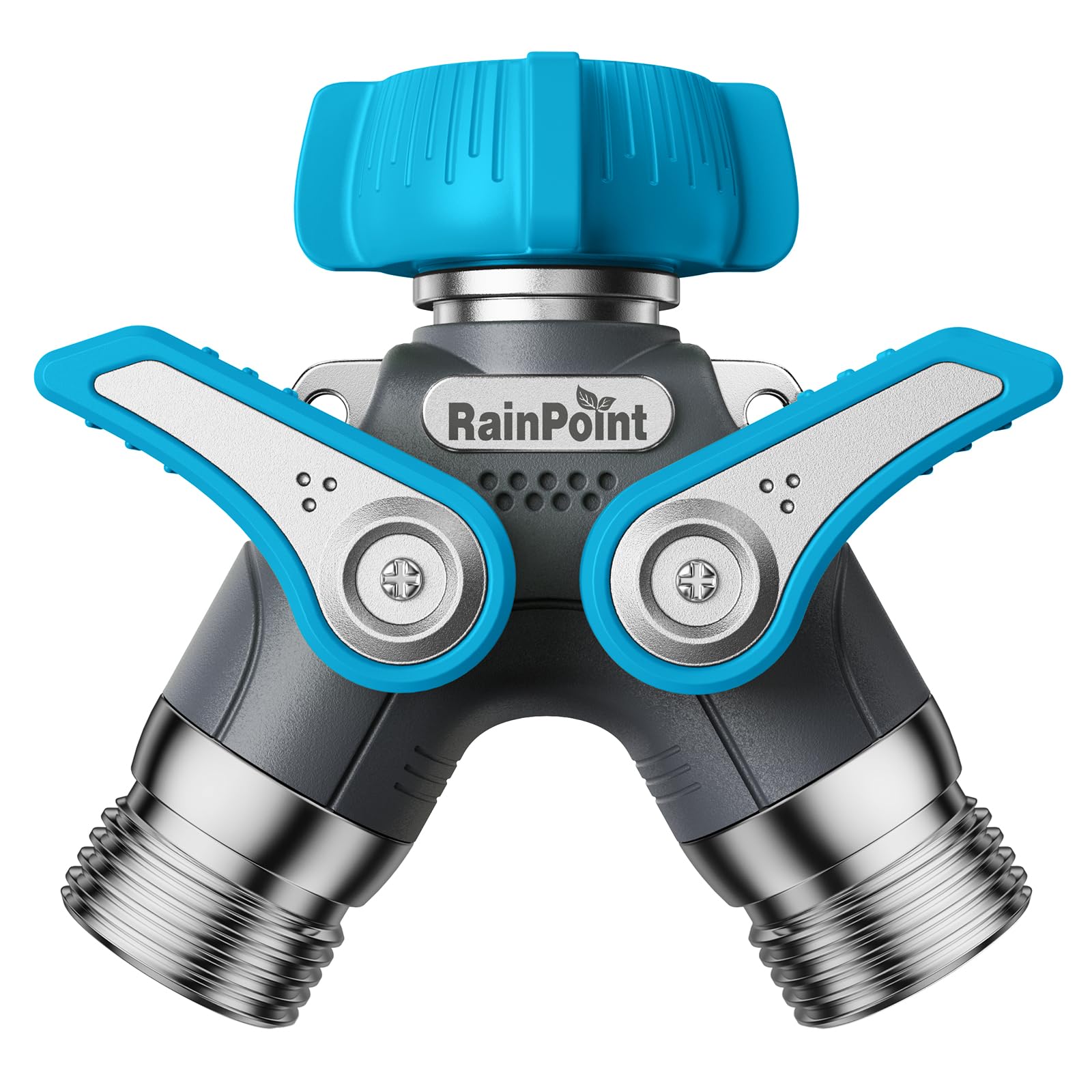 RAINPOINT front view of metal 2-way splitter showing durable build and dual outlets