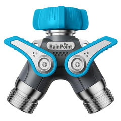 RAINPOINT front view of metal 2-way splitter showing durable build and dual outlets