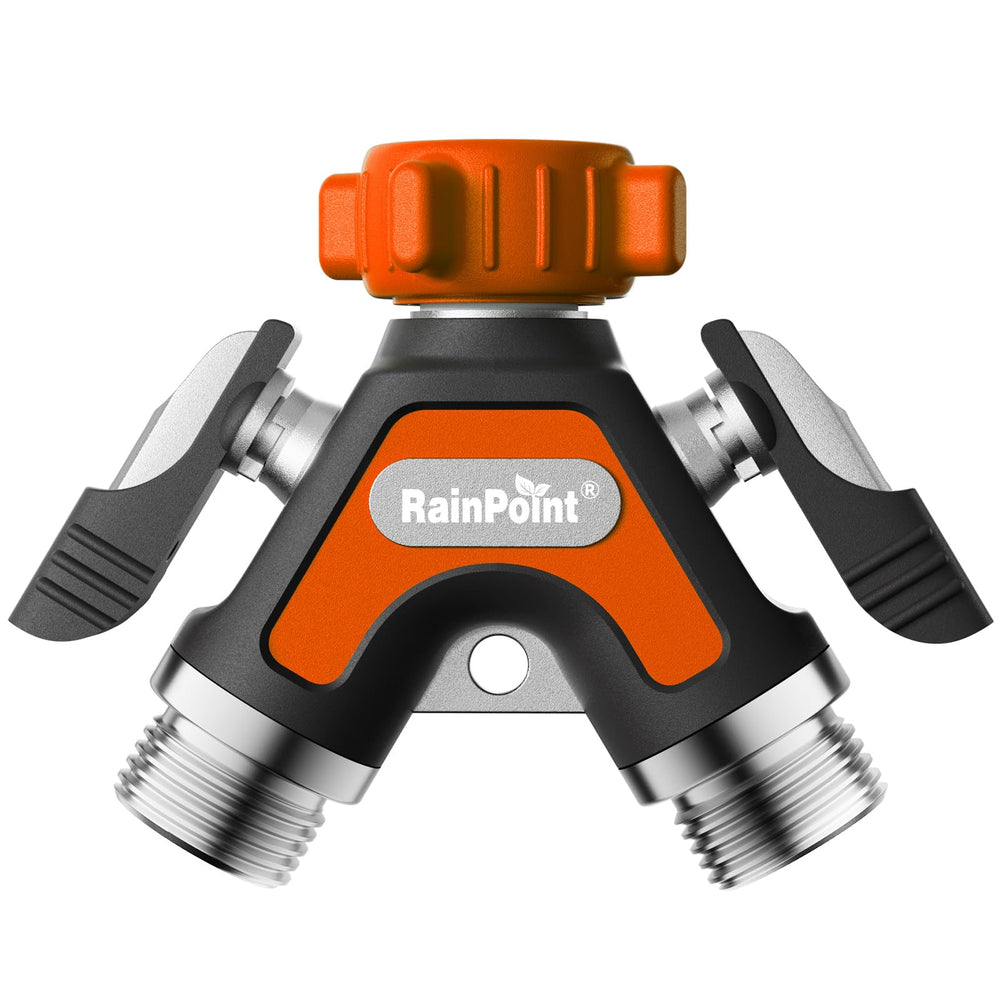RAINPOINT front view of metal 2‑way splitter showing sturdy construction and benefits