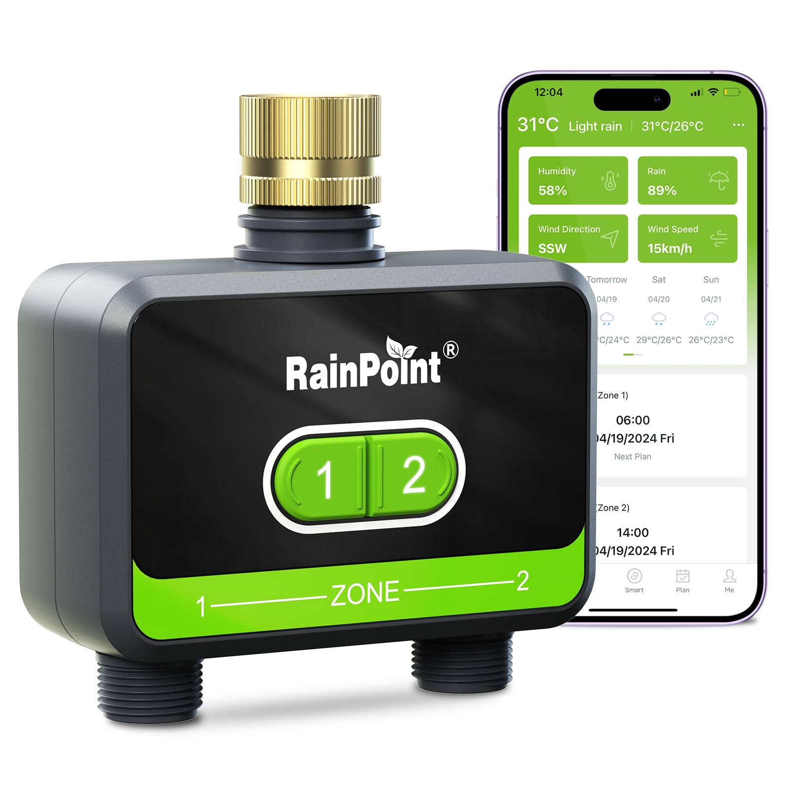 RAINPOINT front view showing two outlets and easy control to manage two zones