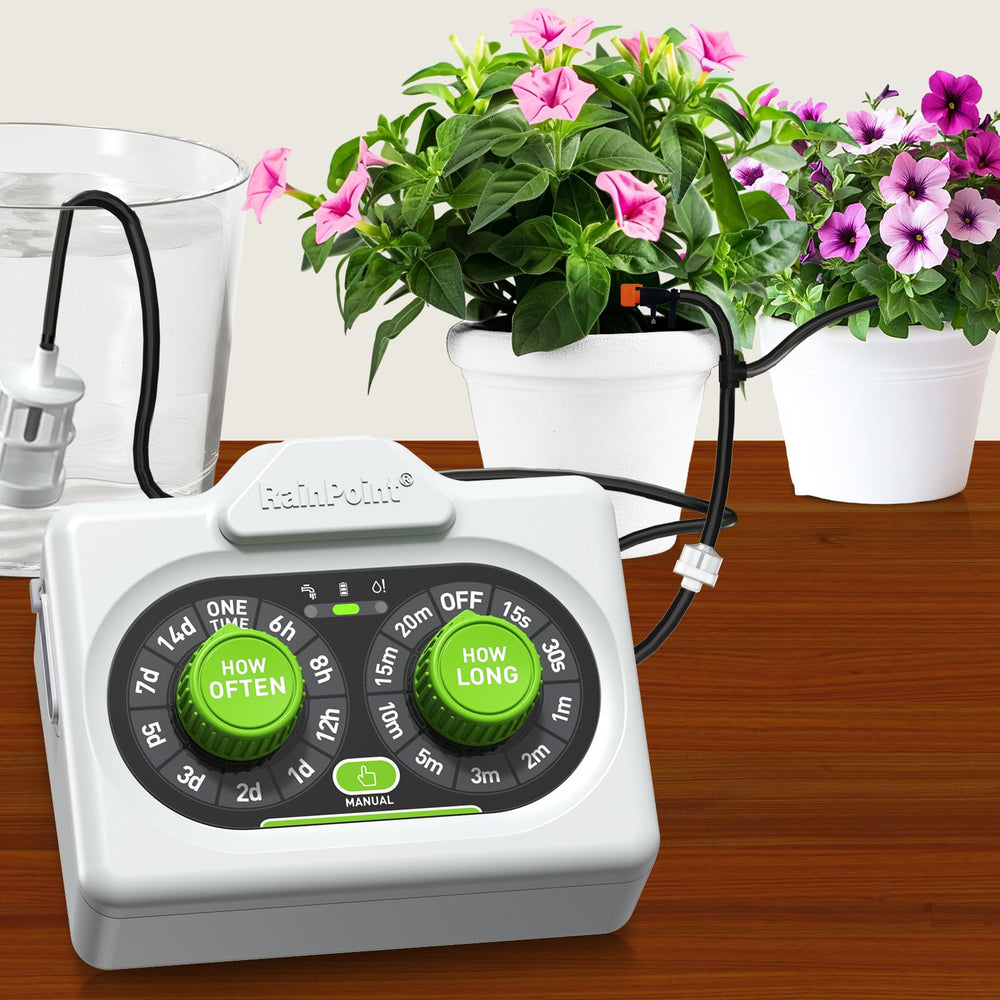 RAINPOINT front view showing unit and packaging, clear benefit easy setup