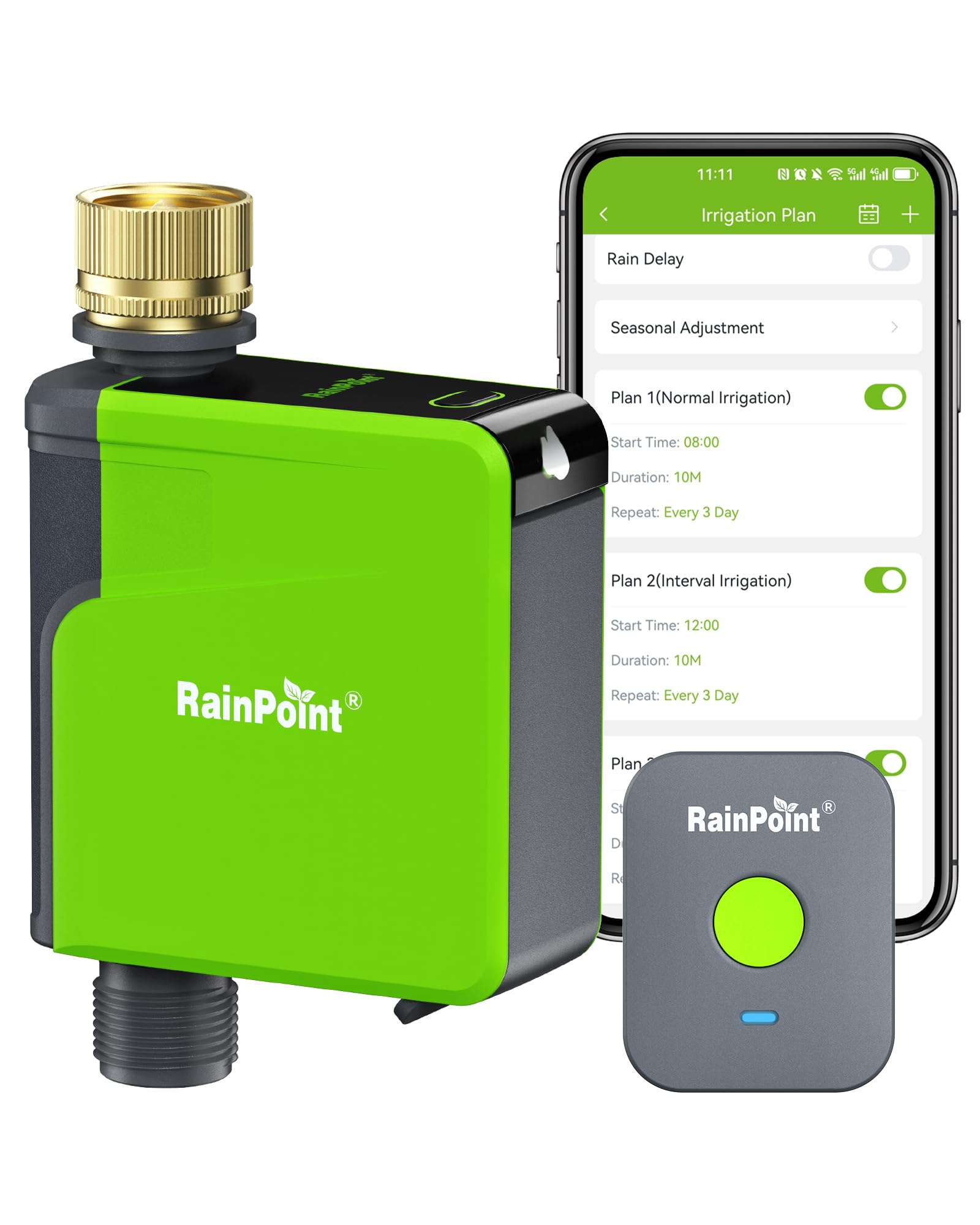 RAINPOINT front view attached to hose showing compact design and easy gardening control