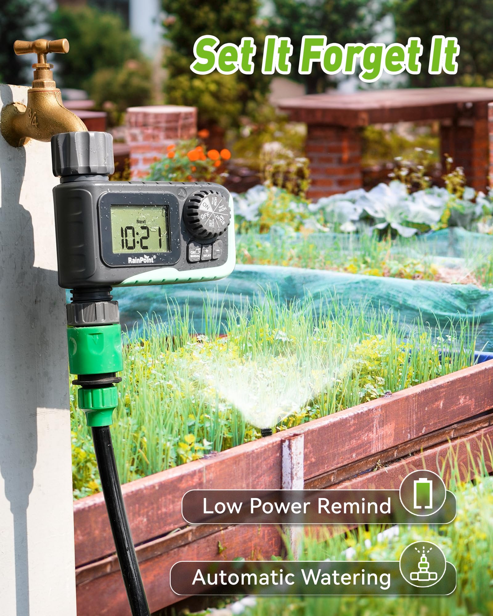 RAINPOINT installed on garden faucet in backyard showing hands-free irrigation