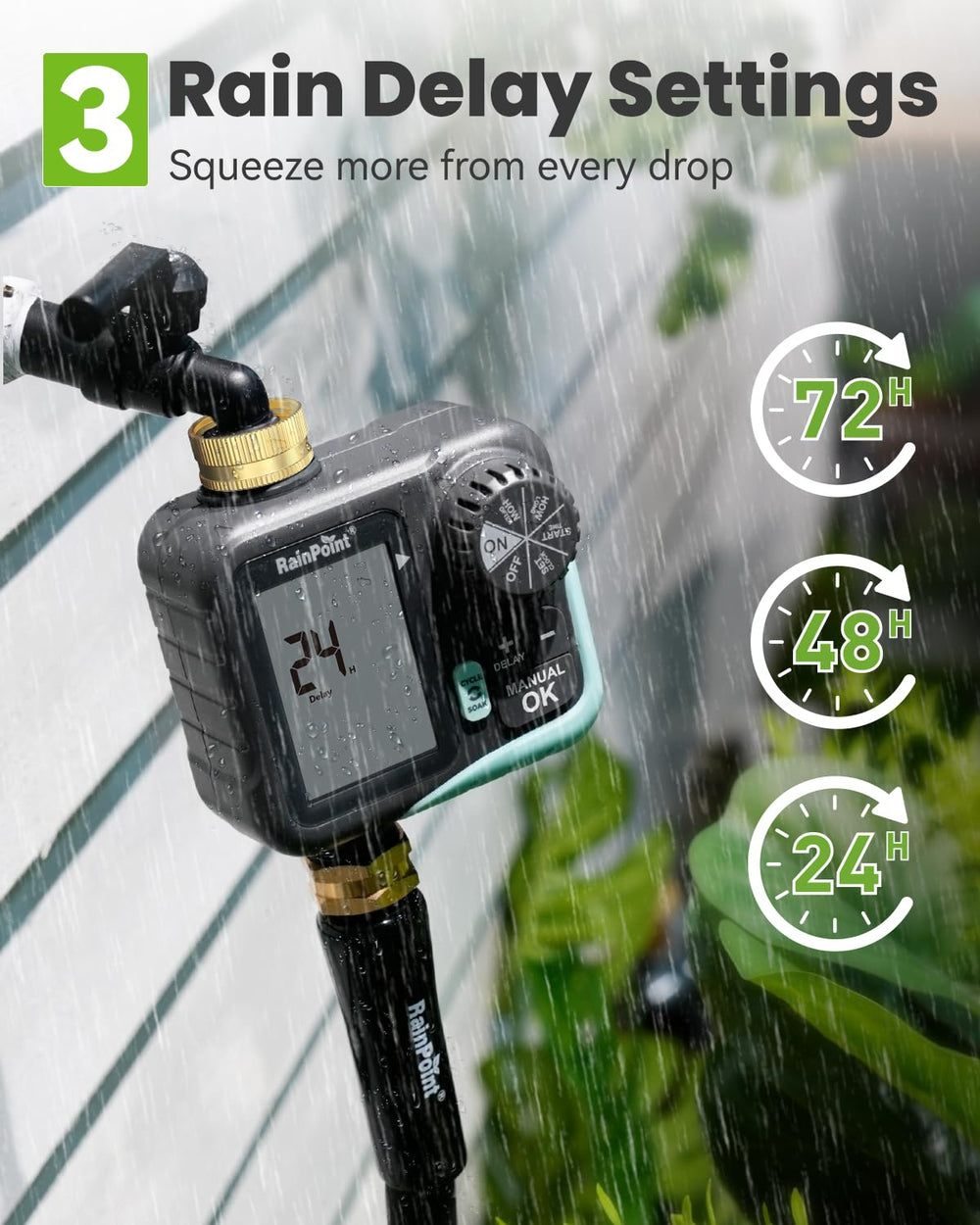 RAINPOINT installed in garden lawn setting to automate yard irrigation