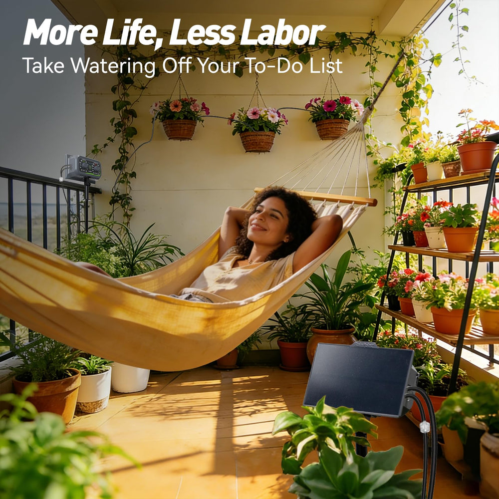 RAINPOINT system installed on a balcony watering potted herbs for worry-free care
