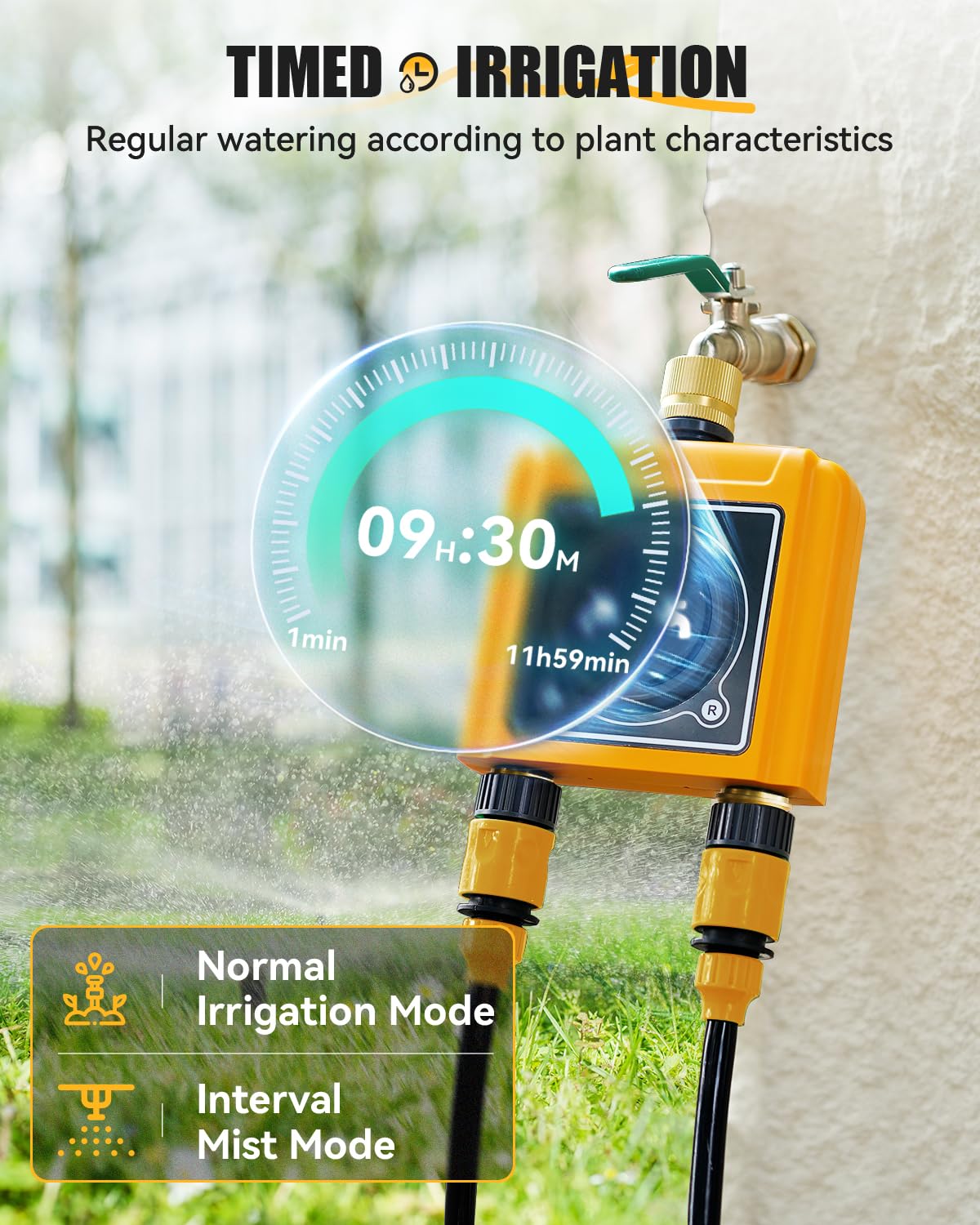 RAINPOINT connected to garden hose in use providing automated hands-free irrigation