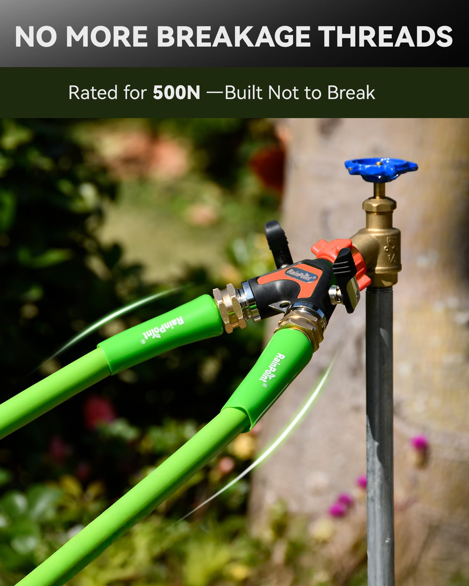 RAINPOINT splitter attached to garden hose running sprinkler and spray nozzle