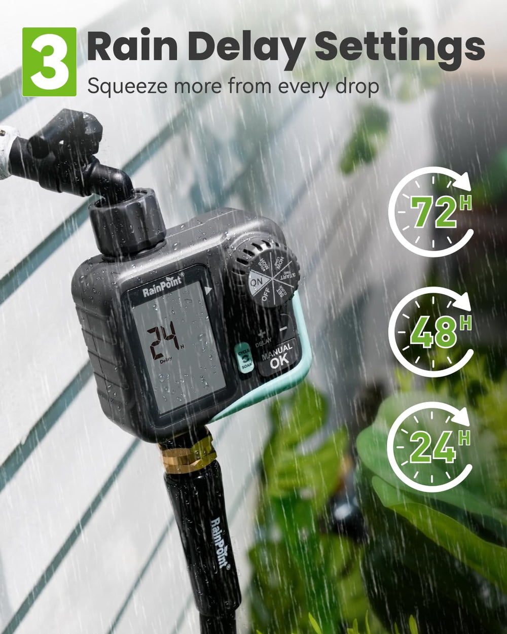 RAINPOINT watering a flower bed delivering controlled, conservation-minded irrigation