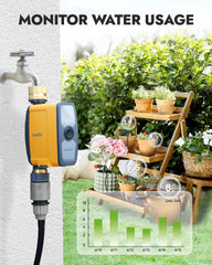 RAINPOINT attached to garden hose in yard, convenient outdoor installation benefit