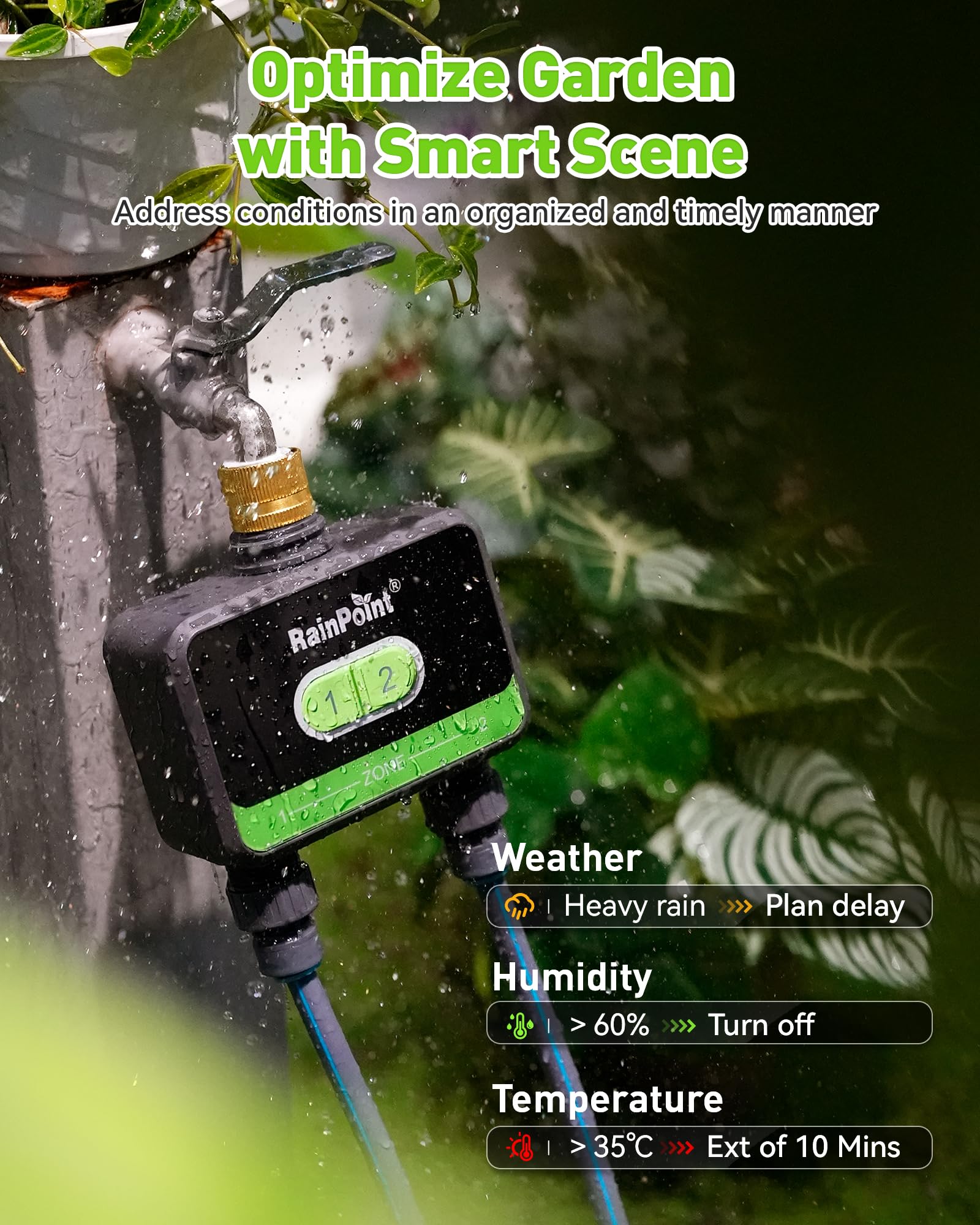 RainPoint interval irrigation detail illustrating short pulse watering accuracy