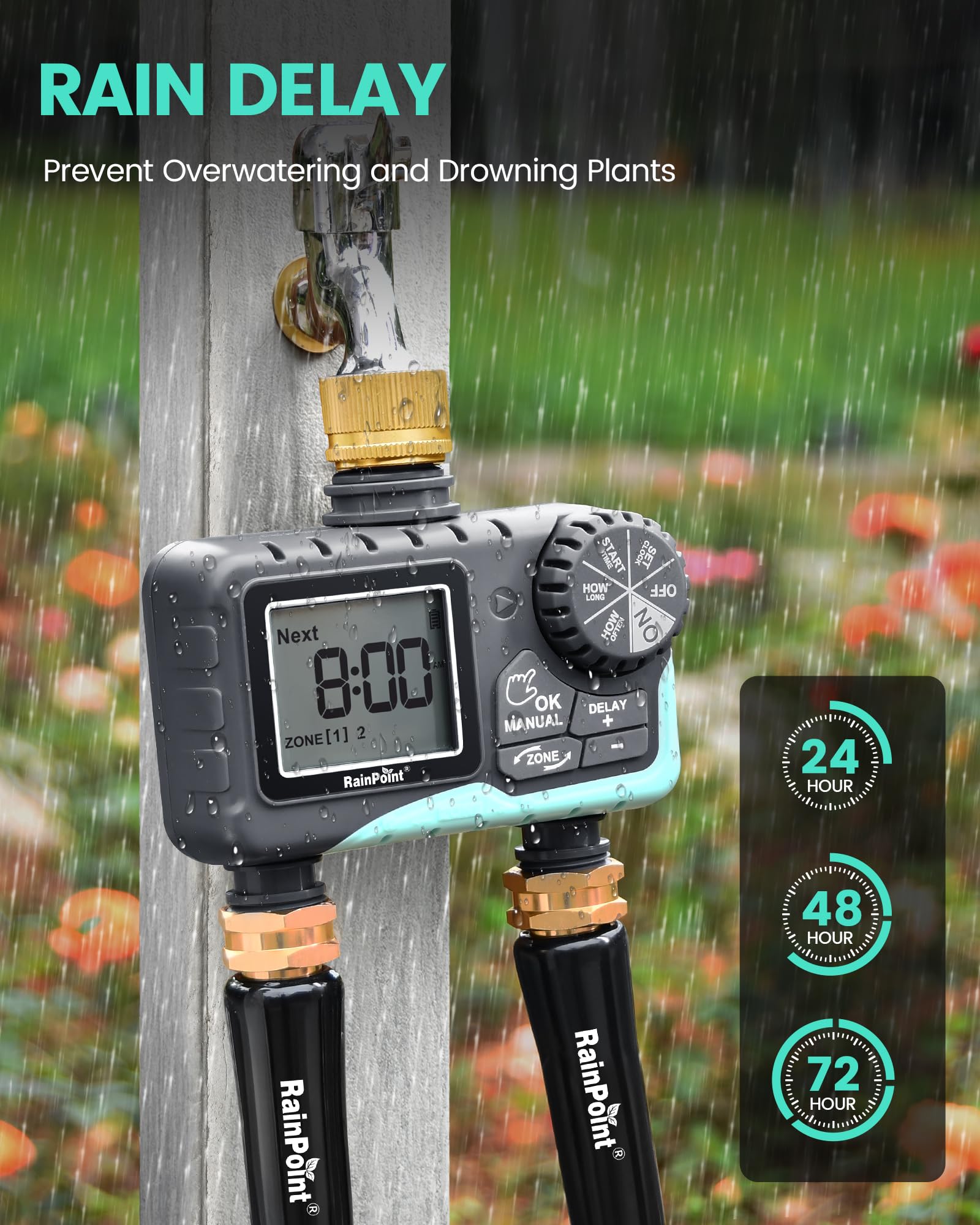 RAINPOINT installed at faucet watering a yard showing convenient set-and-forget benefit